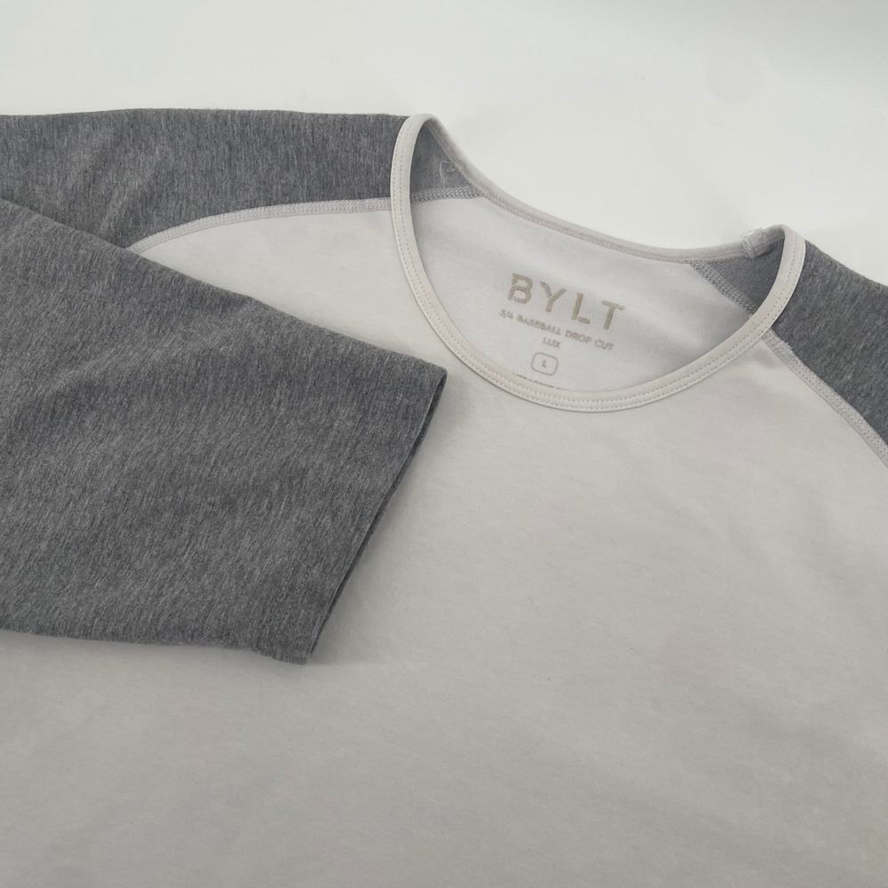 BYLT 3/4 Baseball Drop Cut Shirt Mens L White Grey Lux Raglan Athletic Tee